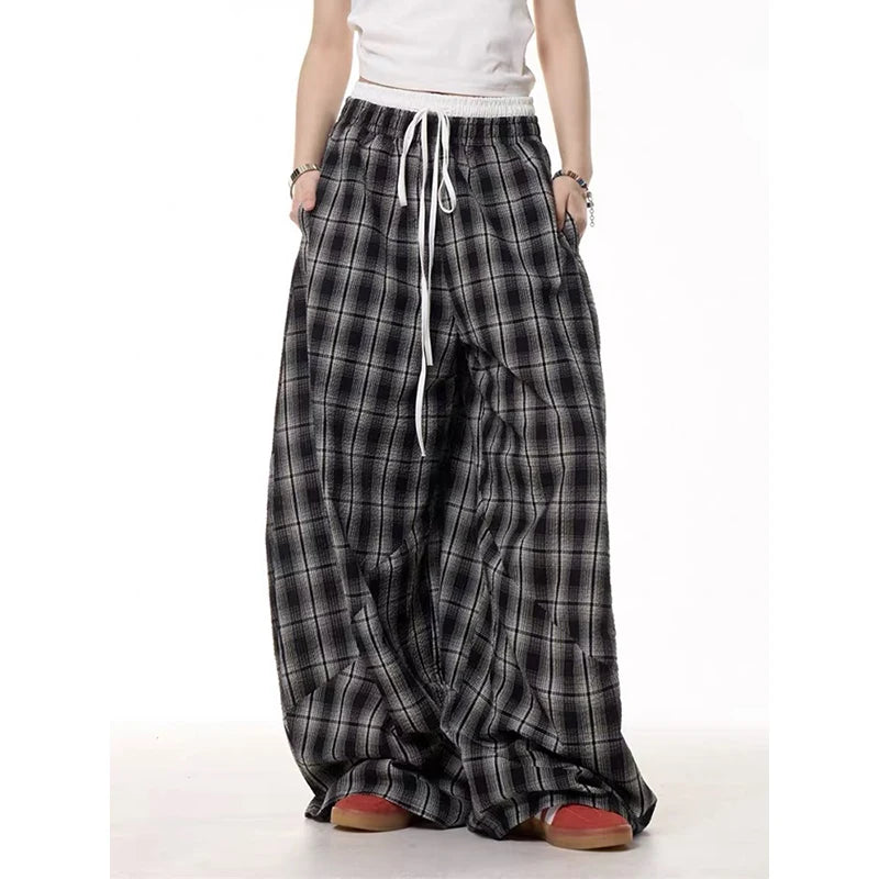 Black Plaid Patchwork Wide Leg Pants Men's Autumn American Vintage Y2K 2000s Style High Waisted Hip Hop Breathable Sweatpants