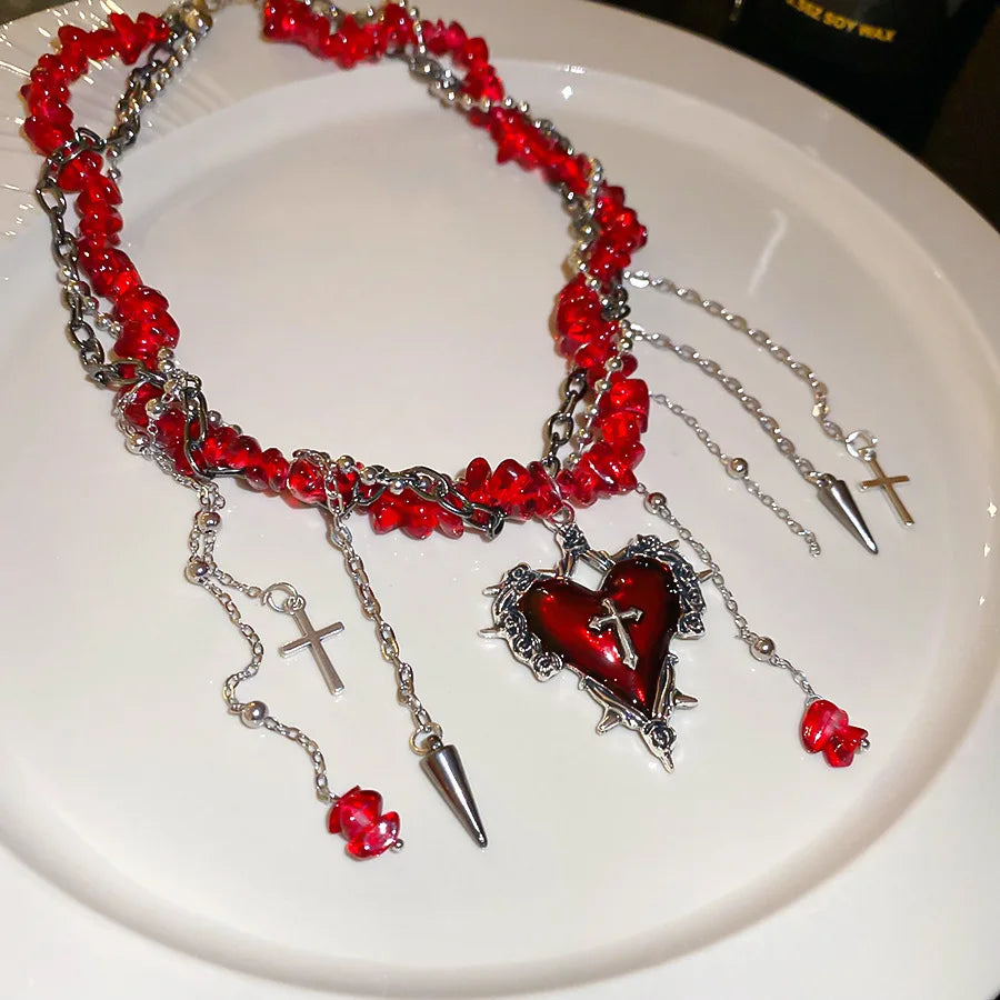 Goth Vintage Y2K Dark Red Heart Cross Pendant Irregular Stone Bead Choker Necklace Women Punk Halloween Grunge EMO Accessories