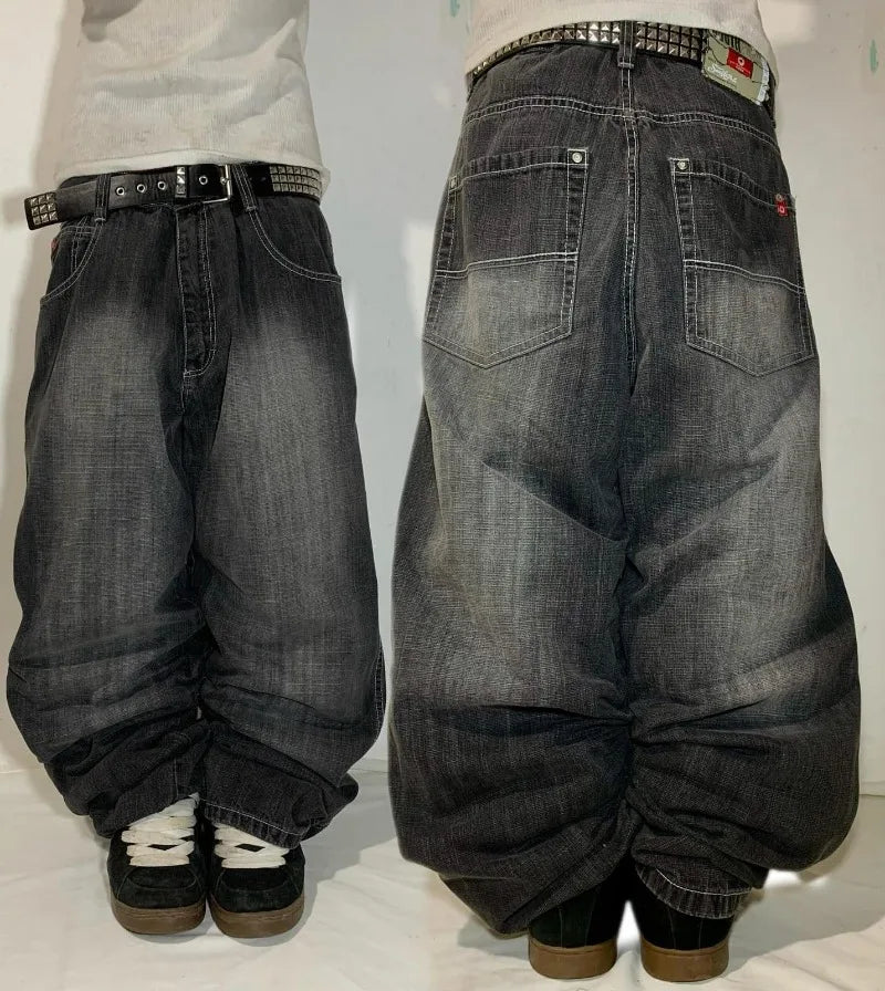 Gothic Fashion New Black Solid Color Washed Old Casual Jeans Men Y2K Streetwear Vintage Popular High Waist Baggy Wide-leg Pants