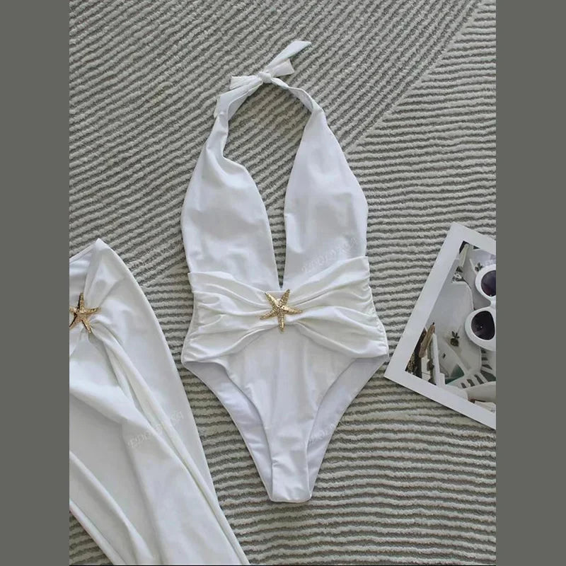 Sexy Halter Starfish Decorative Bikini Set Women 2025 Summer Solid Deep V-neck Swimsuit Side Split Skirt Lady Beach Holiday Suit