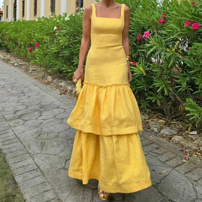 Elegant Ruffles Shiny Dress Women Square Neck A Line Solid Sleeveless Robe Female 2024 Summer Fashion Party Evening Dresses Lady