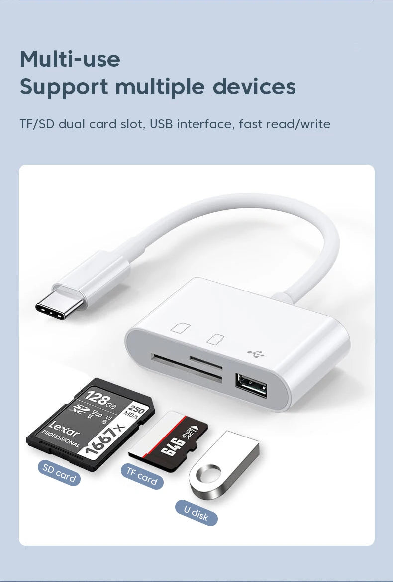 USB C SD Card Reader for Phone Type C 3 in 1 SD TF CF Card Reader Type C CF Card Reader Adapter Camera Card Reader Plug and Play