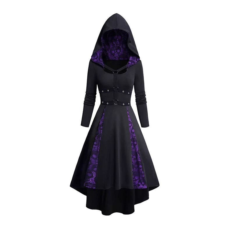Women's Hoodie Dresses Halloween Skull Lace Patchwork O Ring Grommet Decor Hooded Dress Contrast Long Sleeve High Low Dress