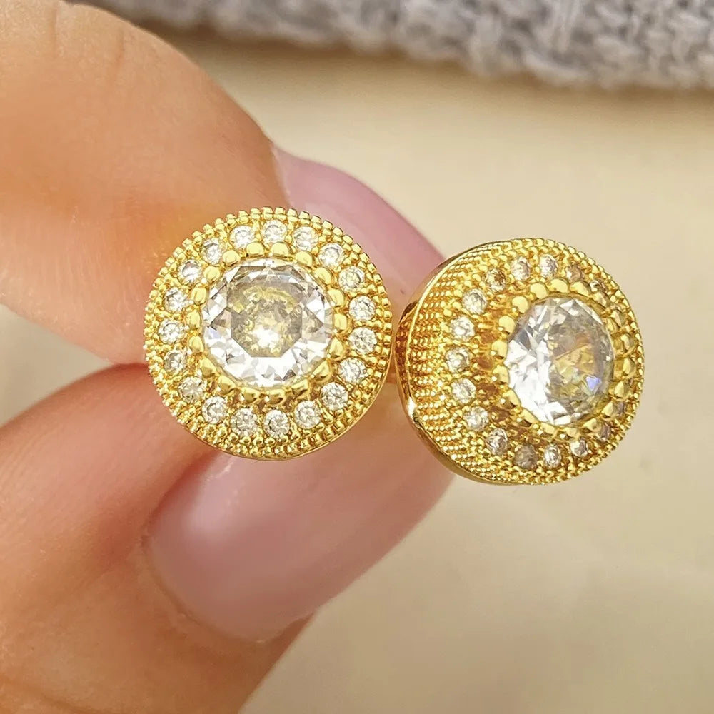 Luxury Creative Geometry Round Shining Brightly Full of Zircon Stainless Steel Stud Earrings for Women Men Hip-hop Trend Jewelry