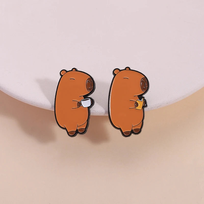 Cute Capybara Animal Enamel Pins Cartoon Cappy with Coffee Metal Brooches Lapel Badge Funny Animal Jewelry Gifts for Friends