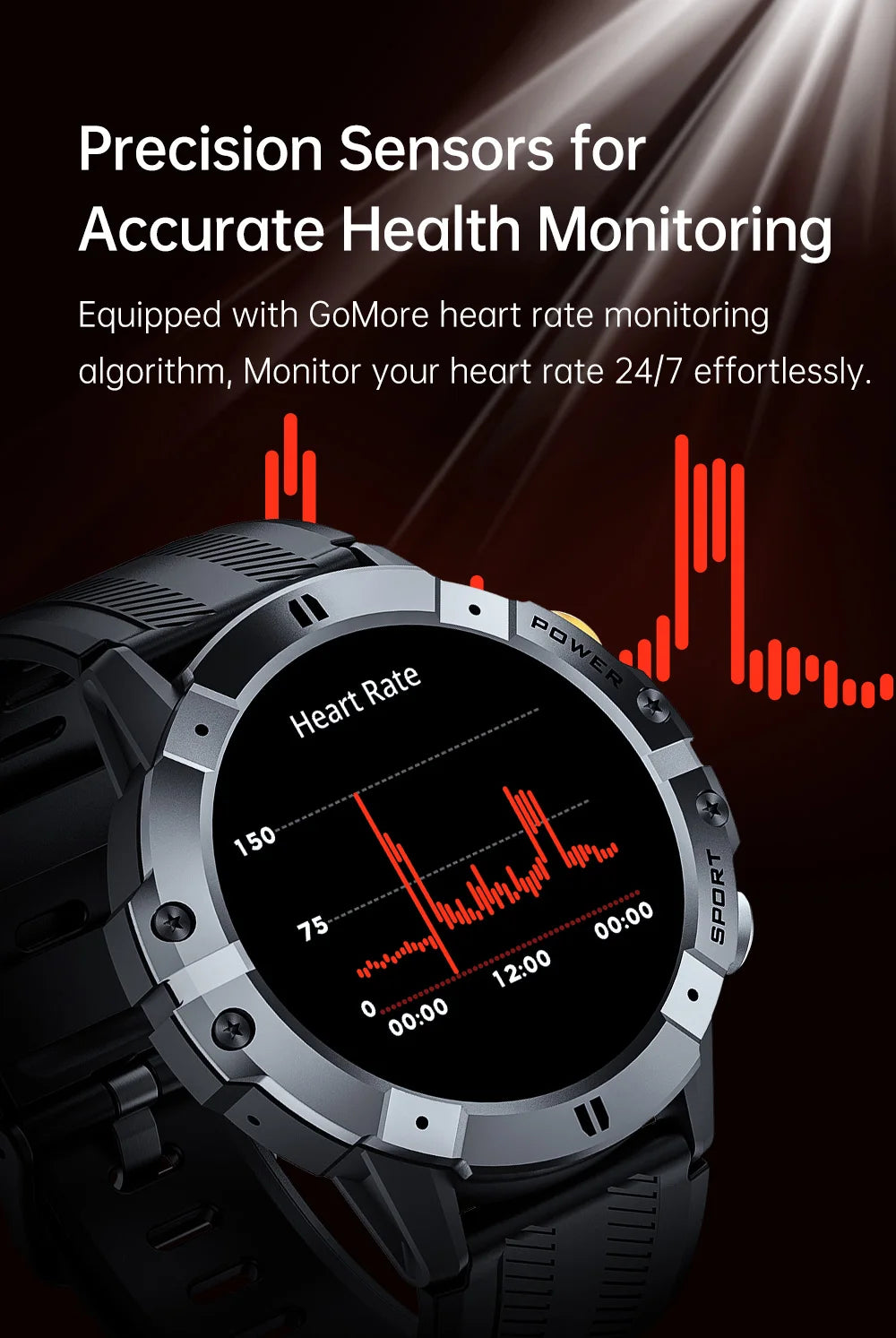 Rugged Fitness Smartwatch - 100+ Professional Sport Modes, Life Waterproof, Smart Message Notifications, Precision Sleep Tracker