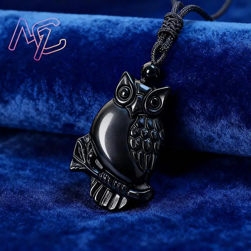 Real Obsidian Owl Pendant Necklace Natural Jewelry Charm Luxury Talismans Amulet Men Fashion Vintage Carved Gifts for Women