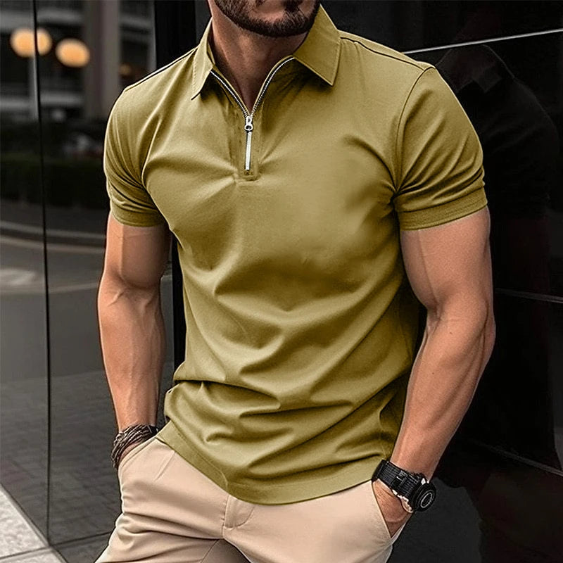 Men's Solid Color Polo Shirt Short Sleeve Zipper Collar Tshirts &for Men Summer Turn-Down Streetwear New Male Jogger Tops