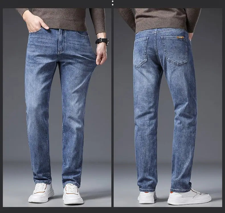 Korean Fashion Men's Soft Stretch Slim Fit Jeans Business Casual Straight Denim Pants Classic Brand Washed Blue Gray Trousers