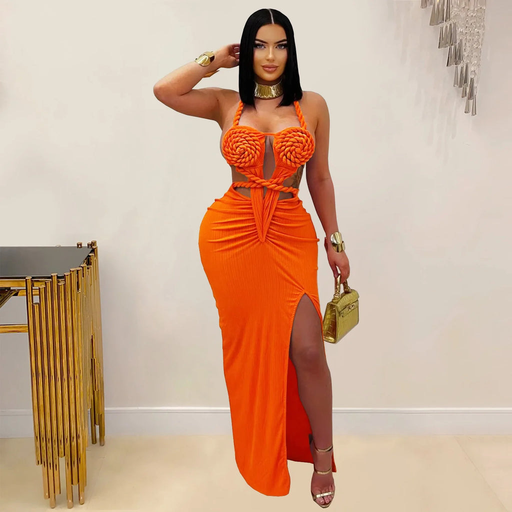 Joskaa Women Summer Knit Halter Long Dress Sexy Hollow Backless Slit Bodycon Maxi Dresses Holiday Party Club Beachwear S-XXL