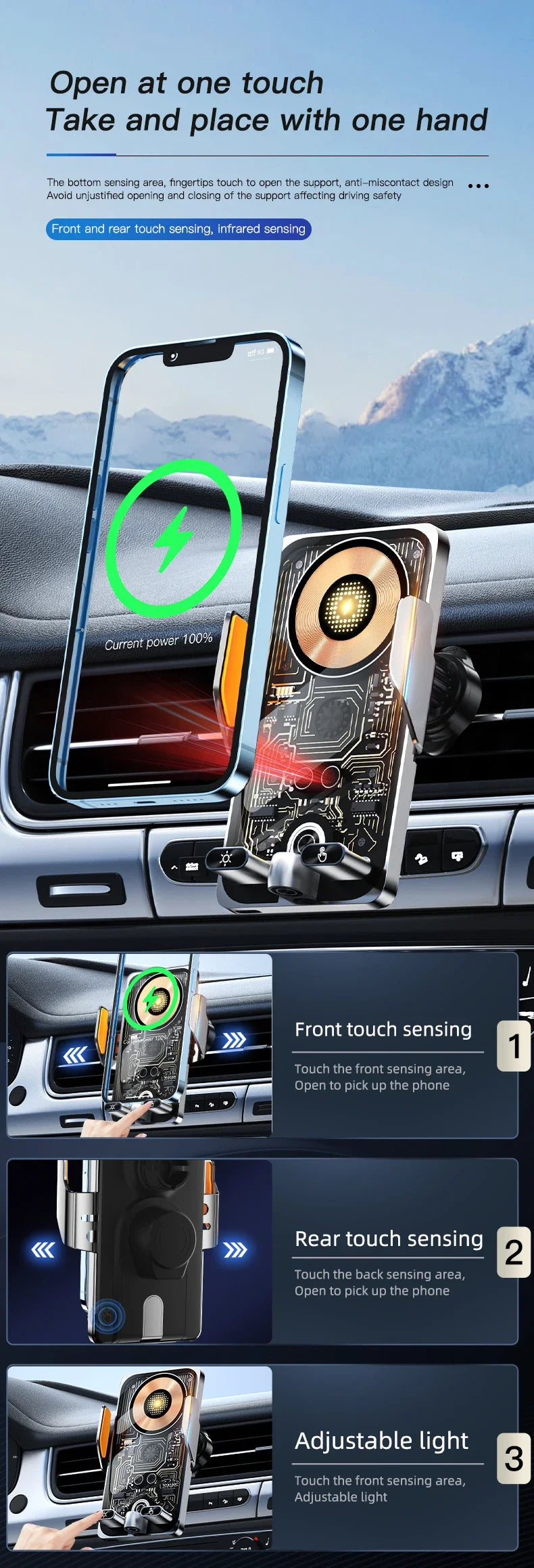 Car-mounted smartphone holder - Automatically detects air outlet. Supports 15W/66W wireless fast charging. Rotatable