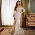 Flavinke Customized Sexy Mermaid Strapless Wedding Dresses Long Sheer Sleeves Applique Bridal Low Back Pearl Vestidos De Novia