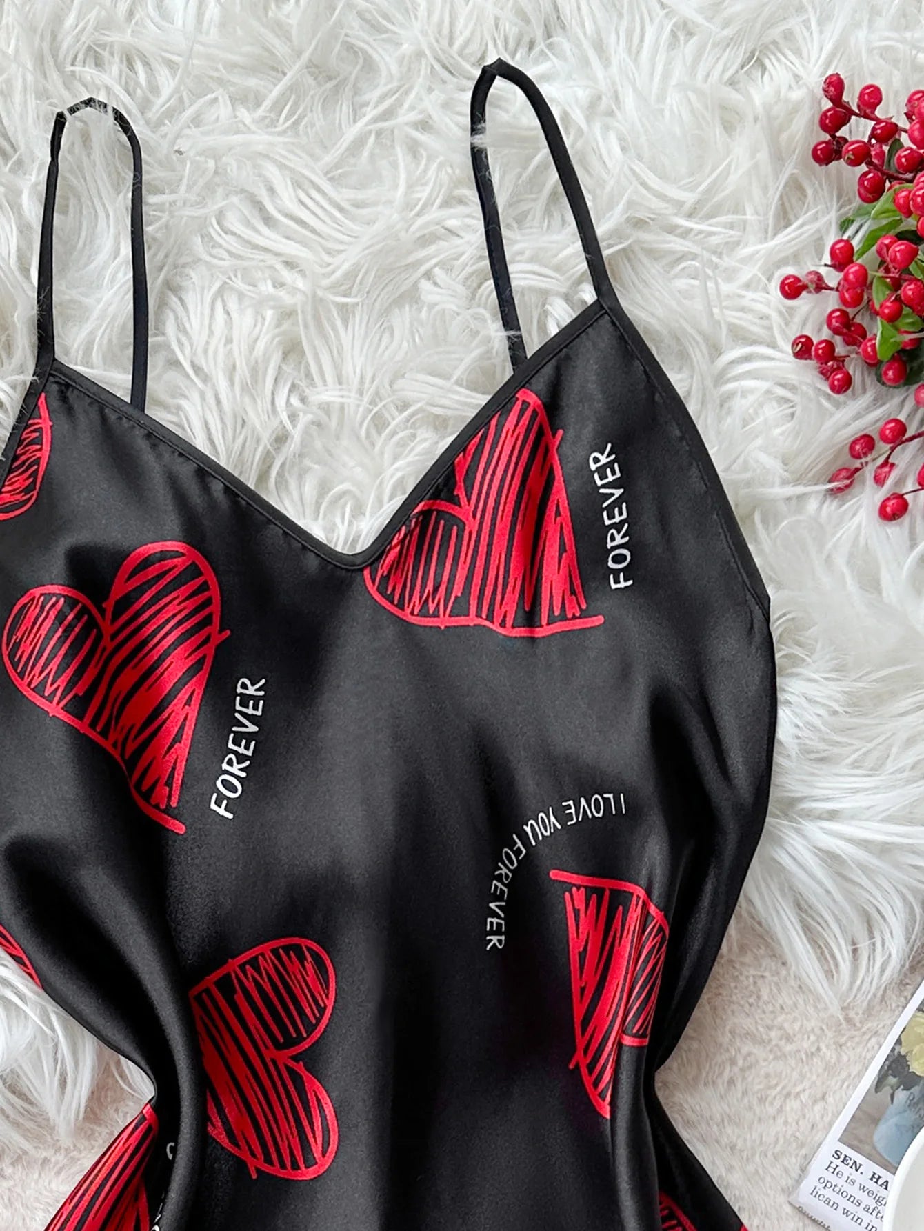 Valentine's Day Red Lip Print Satin Slip Nightdress V Neck Backless Mini Sleep Dress Women's Sleepwear Dresses