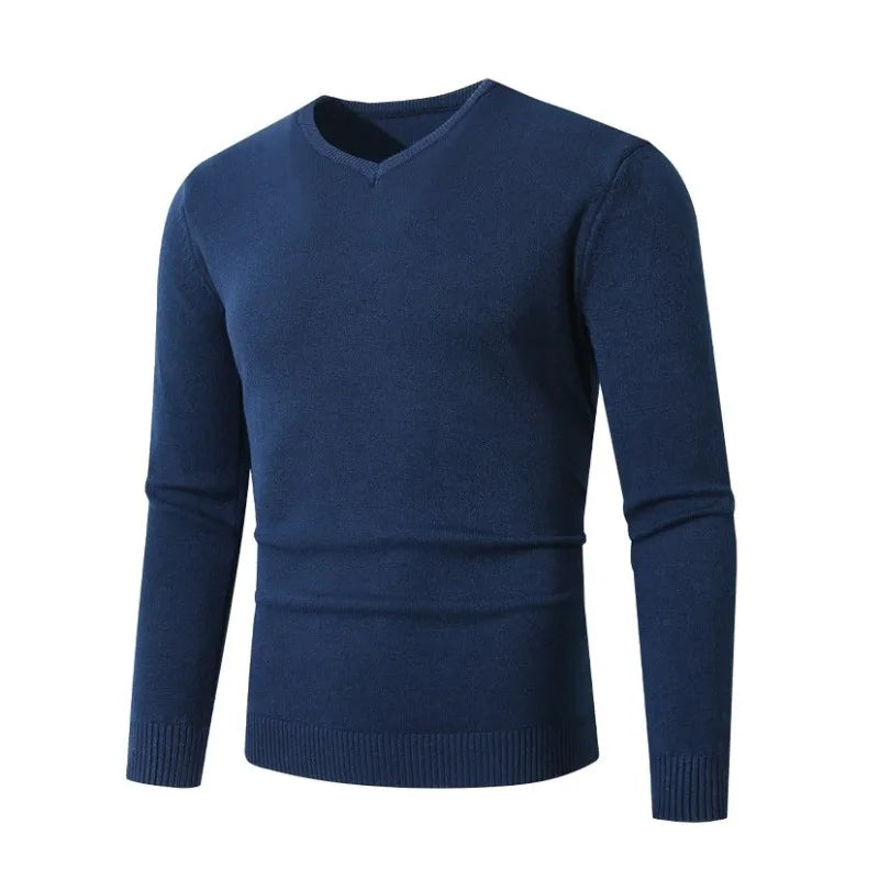 Men's Pullover V Neck Knitted Sweaters Solid Color Long Sleeve Jumper Lightweight Casual Business Pullover Slim Fit Sweater