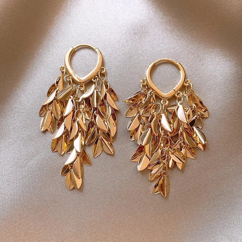 South Korea new design fashion jewelry 14K gold plated leaf tassel love earrings elegant women's daily work accessories