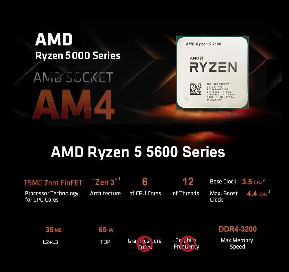 NEW AMD Ryzen 5 5600 R5 5600 3.5 GHz 6-Core 12-Thread CPU Processor 7NM L3=32M 100-000000927 Socket AM4 No Fan