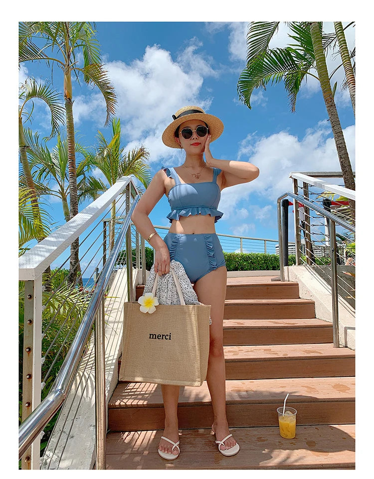 High Waist Women's Bikini Set Padded Ruffle Biquini Suit Two Pieces Swimwear Swimsuit High Quality Beach Suit 2023