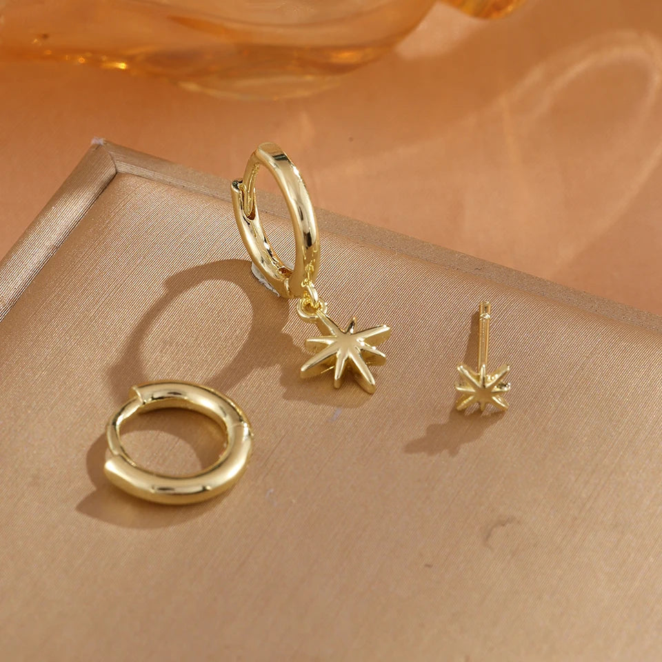 ZAKOL 3 Piece Fashion Round Star Drop Earrings Set for Women Gold Color Dangle Earring Punk Unisex Rock Jewelry