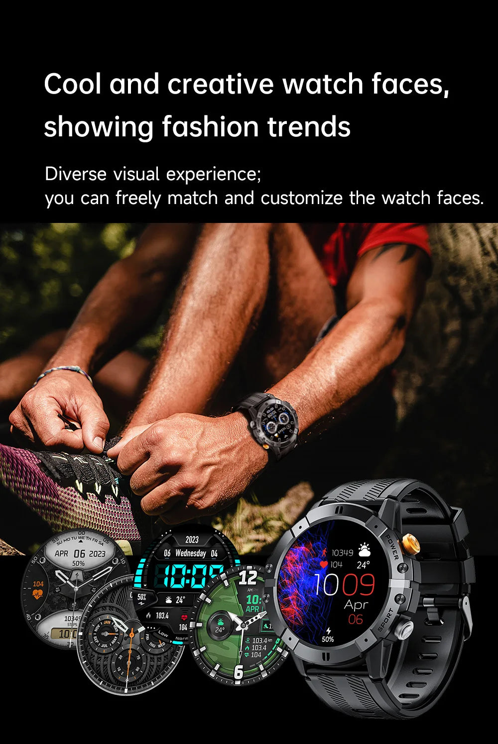 Rugged Fitness Smartwatch - 100+ Professional Sport Modes, Life Waterproof, Smart Message Notifications, Precision Sleep Tracker