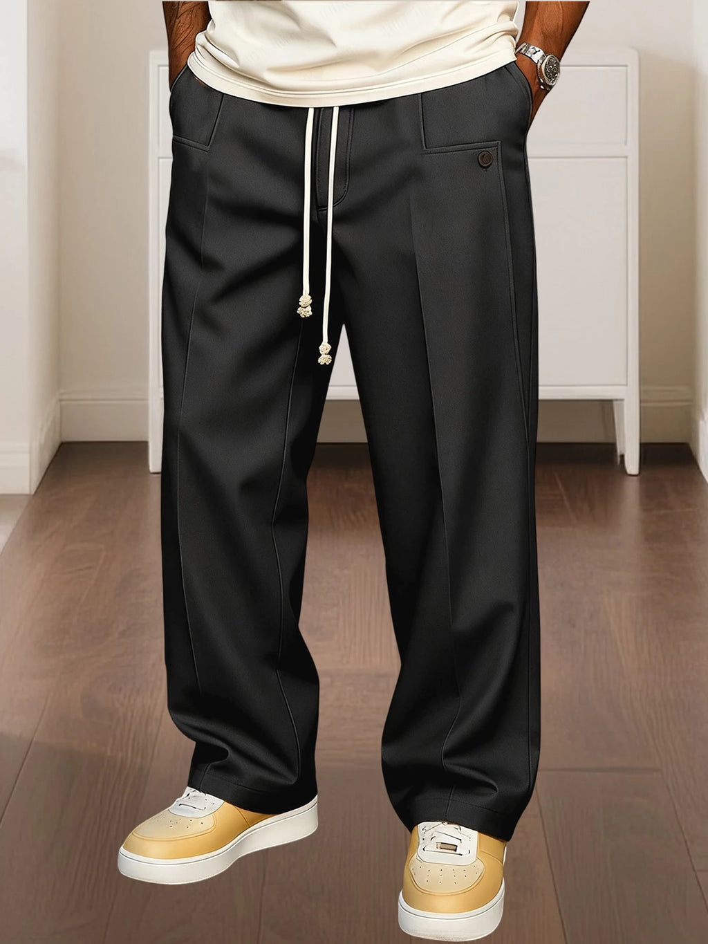 Men s Elastic Waist Jogger Pants with Side Pockets Comfortable Solid Color Casual Mid Rise  Fit Trousers