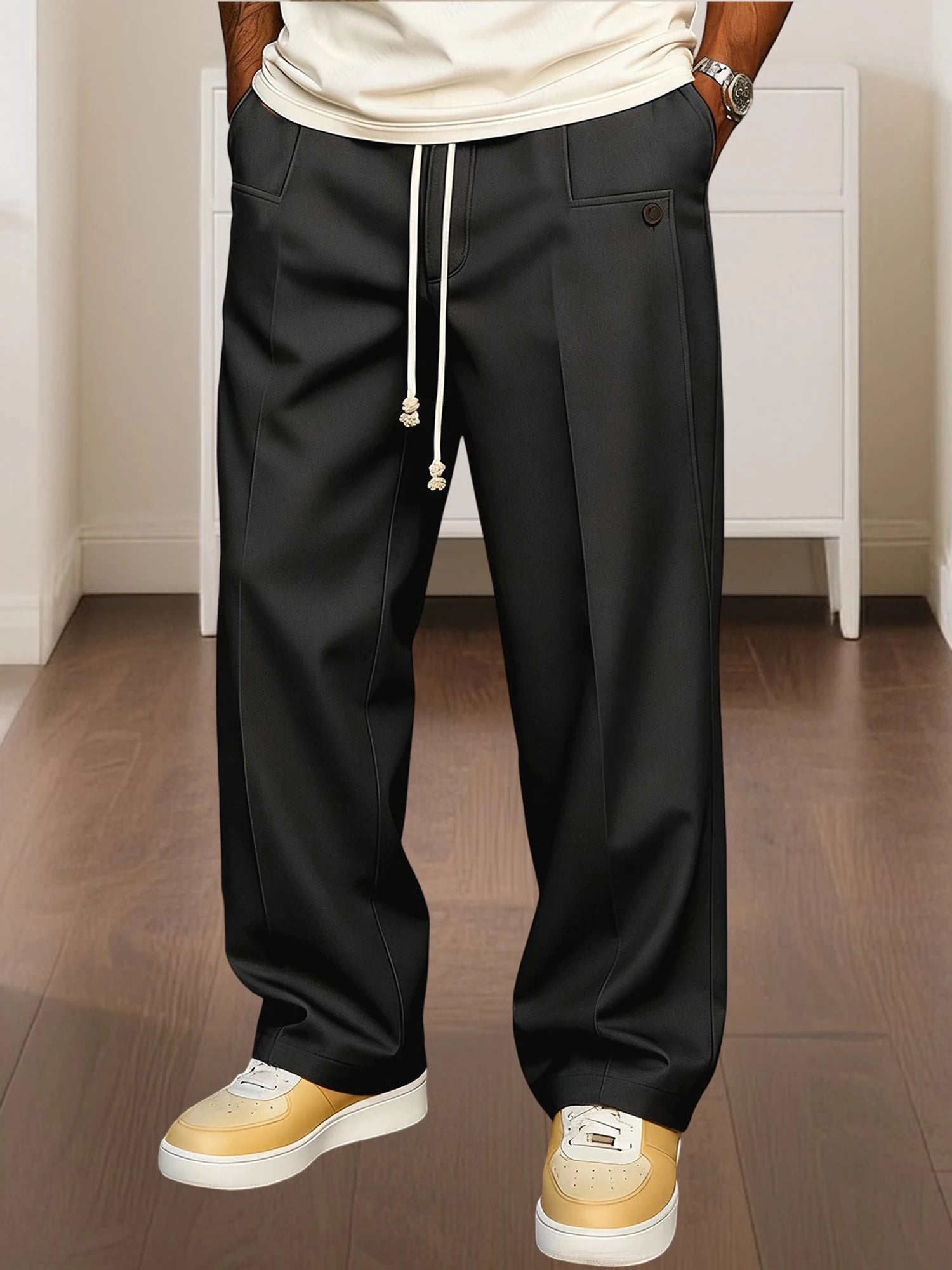 Men s Elastic Waist Jogger Pants with Side Pockets Comfortable Solid Color Casual Mid Rise  Fit Trousers