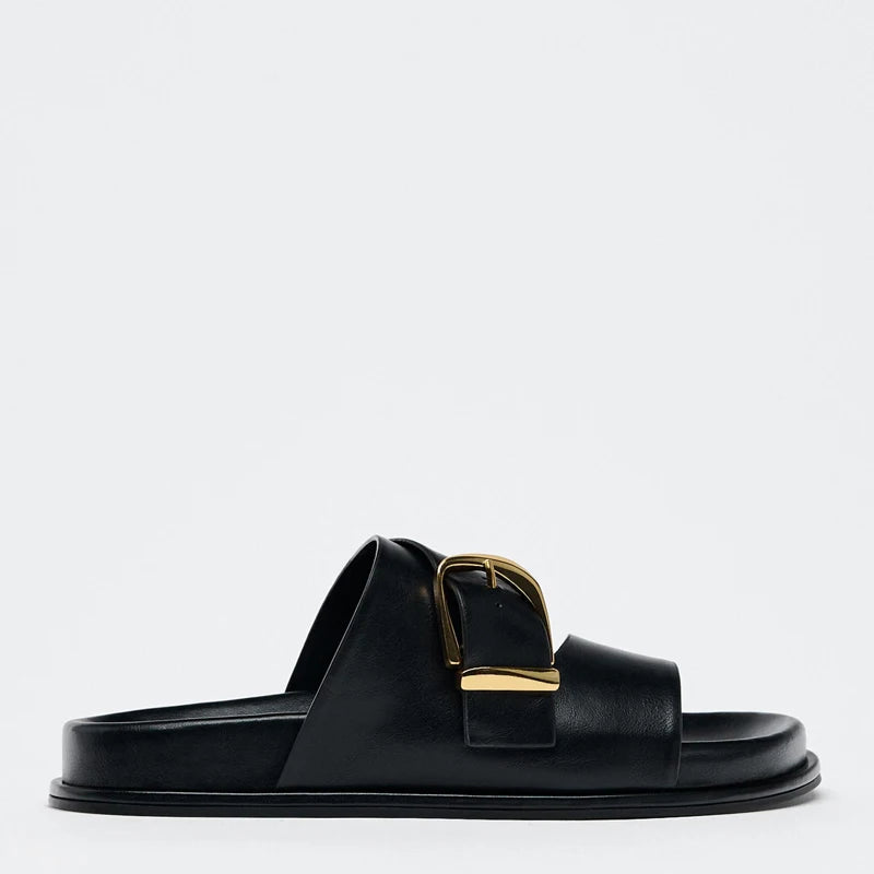 Summer New Women's Flat Bot Sandals Bla with Bule Detail Casual Thi Heel Metal Bule Slippers Faionable Casual oes