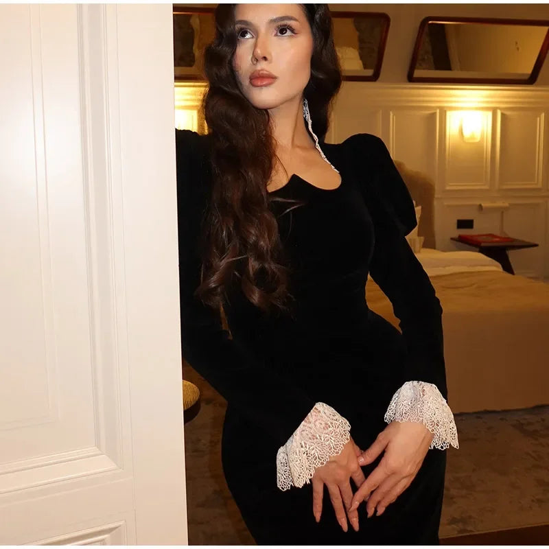 Square Collar Puff Sleeve Women Dress Patchwork Slim Pleated Lady Maxi Dresses 2026 Elegant Spring Vintage Female Vestidos