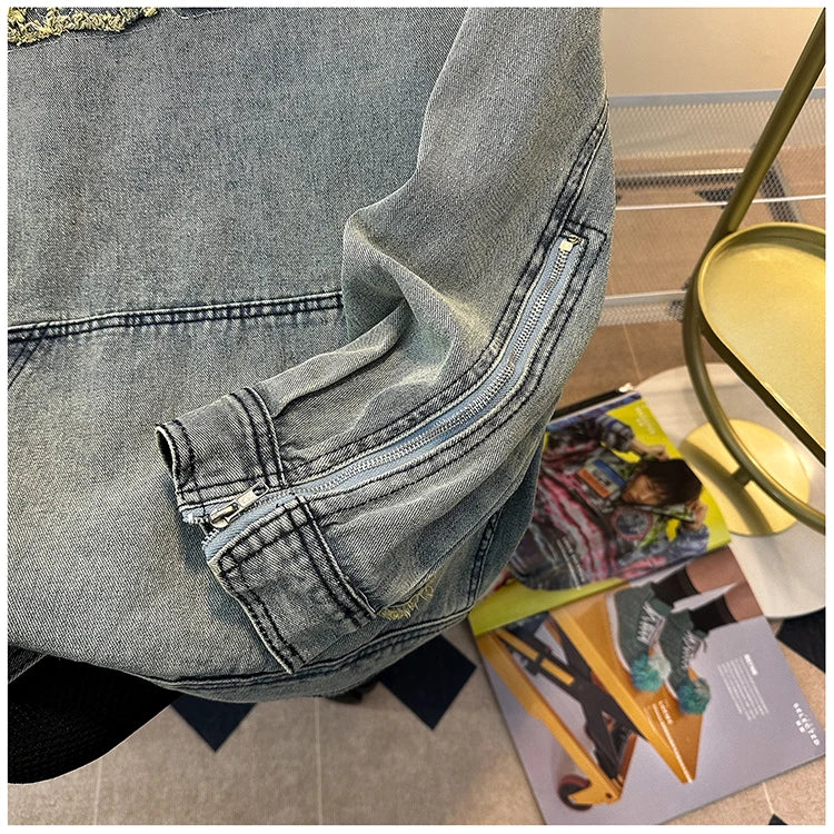 Men's Autumn New Hoodies&Sweatshirts Letter Patchwork Denim Pullover Tops American Fashion Streetwear Ripped Hooded Jackets
