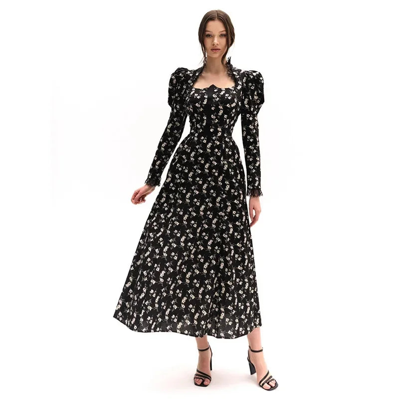 Square Collar Puff Sleeve Women Dress Patchwork Slim Pleated Lady Maxi Dresses 2026 Elegant Spring Vintage Female Vestidos