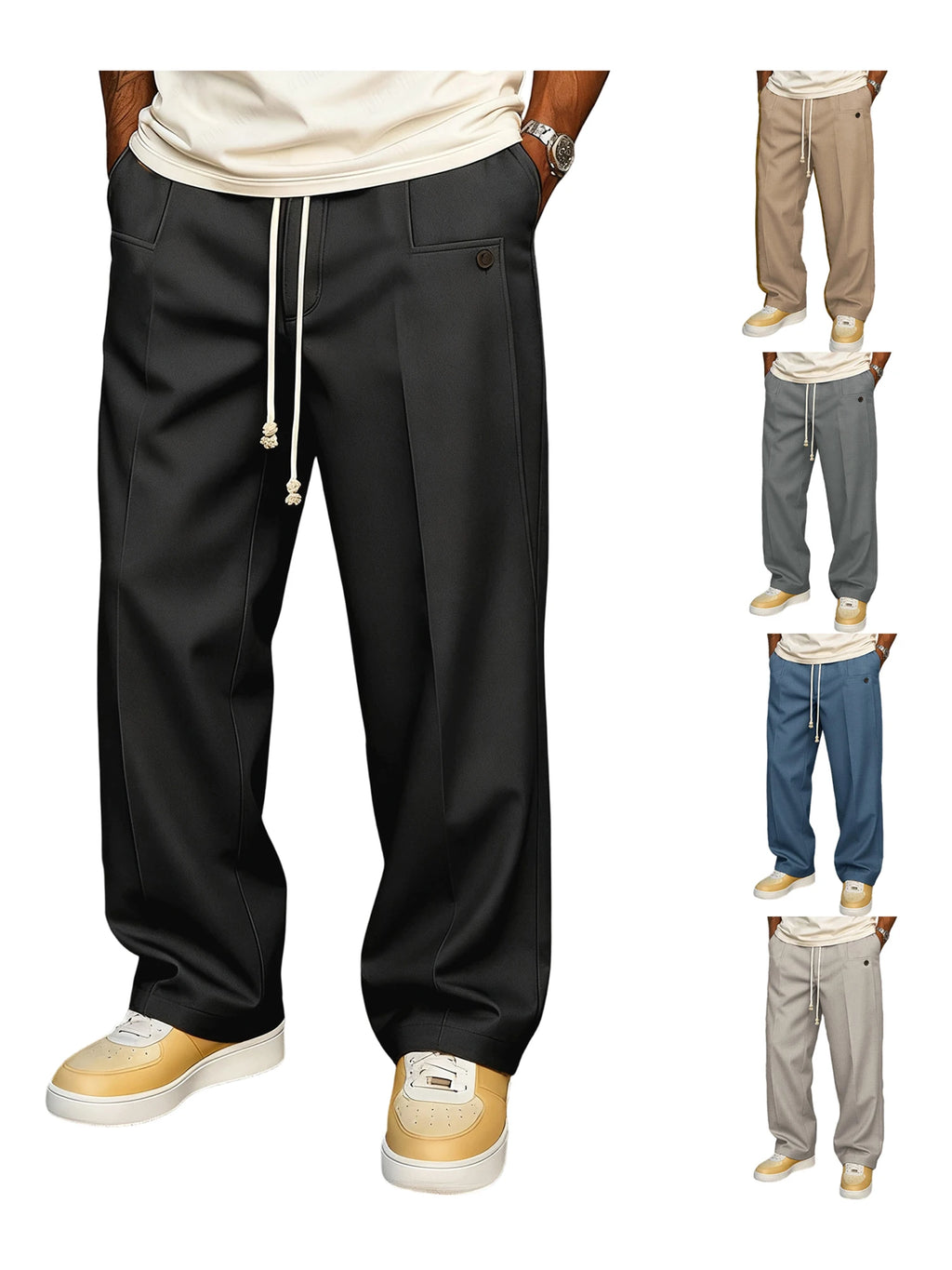 Men s Elastic Waist Jogger Pants with Side Pockets Comfortable Solid Color Casual Mid Rise  Fit Trousers