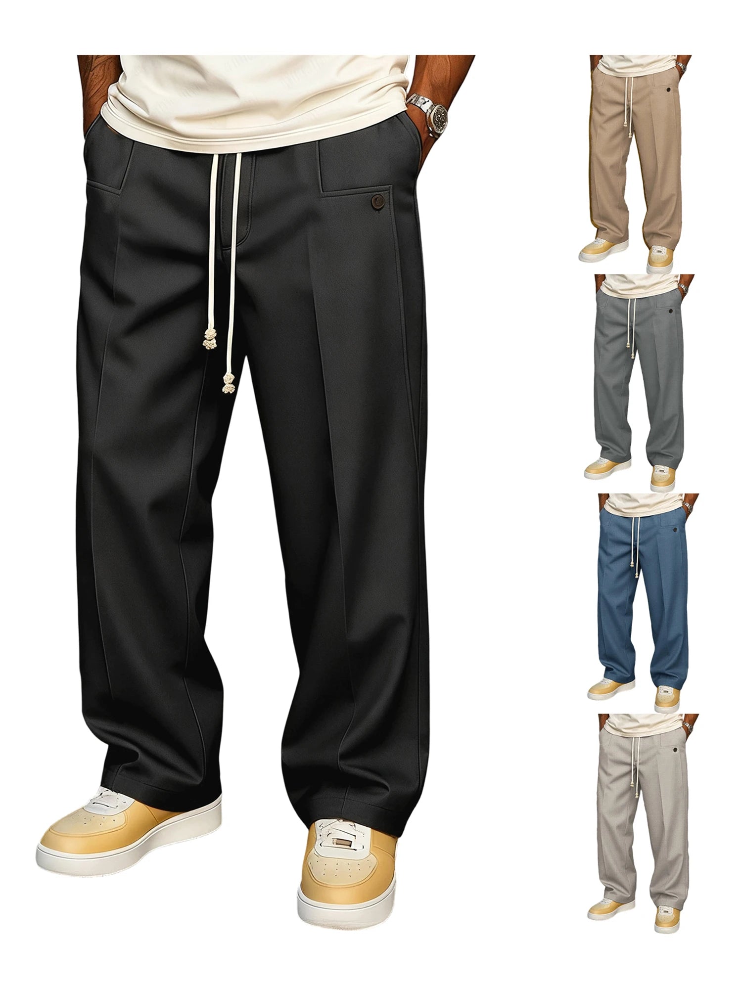 Men s Elastic Waist Jogger Pants with Side Pockets Comfortable Solid Color Casual Mid Rise  Fit Trousers