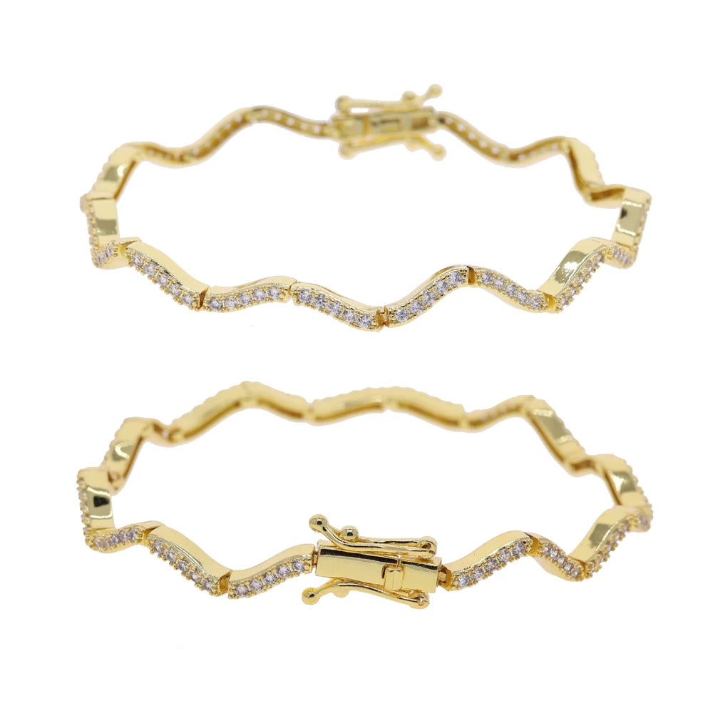 2026 New Arrived Trendy Women Jewelry Set Micro Paved CZ Curved Bar Wave Charm Chain Braelet Choker Necklace