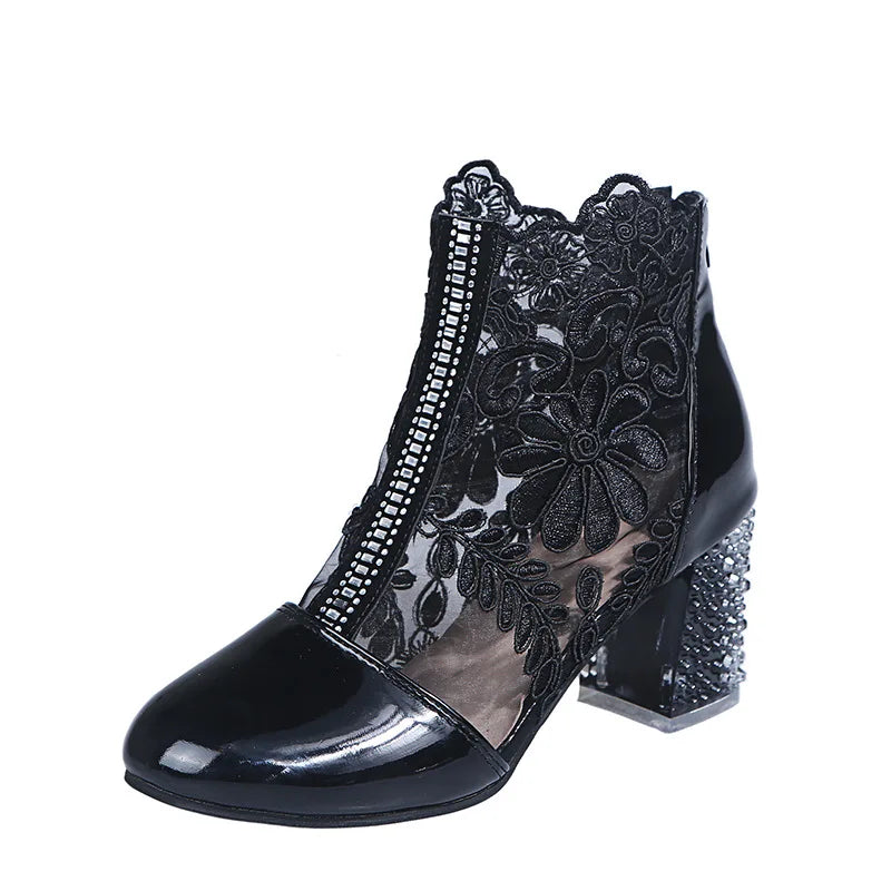 Women's Boots Floral Embroidery Clear Chunky Heel Boots Hollow Lace Chunky Heel Ankle Back Zip High Heels Bota Verano Mujer