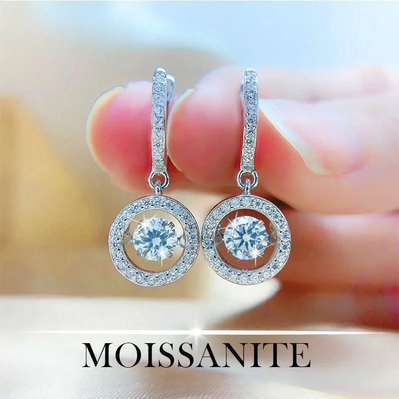 MOVESKI 925 Sterling Silver Dancing Moissanite Drop Earrings | 0.5CT 1CT Round Cut Halo Dangle Earrings for Women Bridal Jewelry