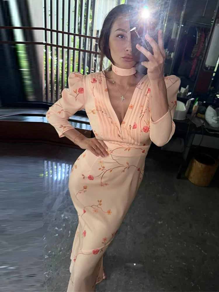Sexy Print Deep V-neck Midi Dress Women Pleat Slim Puff Half Sleeve Party Holiday Dresses 2025 Summer Lady High Waist Robes