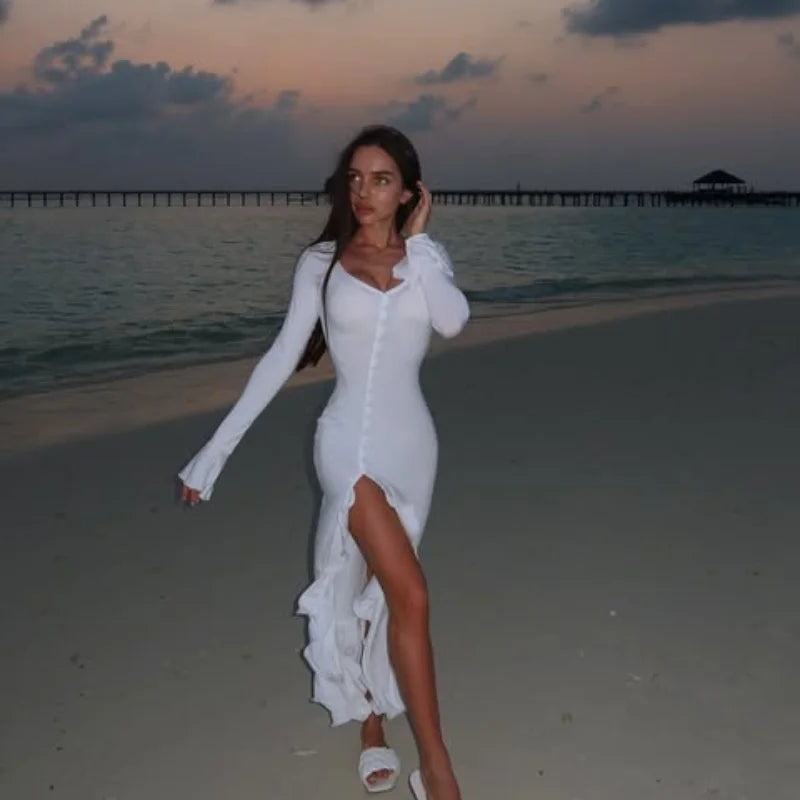 Flounce Solid Color Slim Dress Woman Single Breasted Deep V-Neck Flared Sleeve Irregular Hem Dresses Elegant Women's Slit Dress