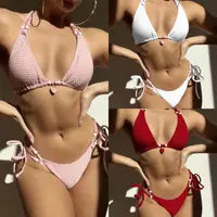 2025 new solid color steel support gathering bikini women's split swimsuit women's two-piece swimsuit