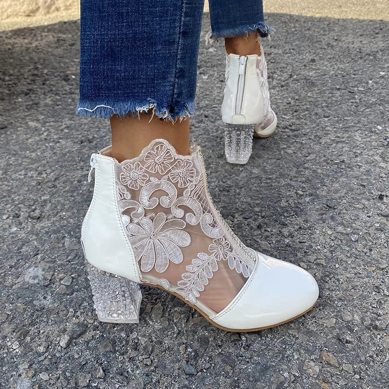 Women's Boots Floral Embroidery Clear Chunky Heel Boots Hollow Lace Chunky Heel Ankle Back Zip High Heels Bota Verano Mujer