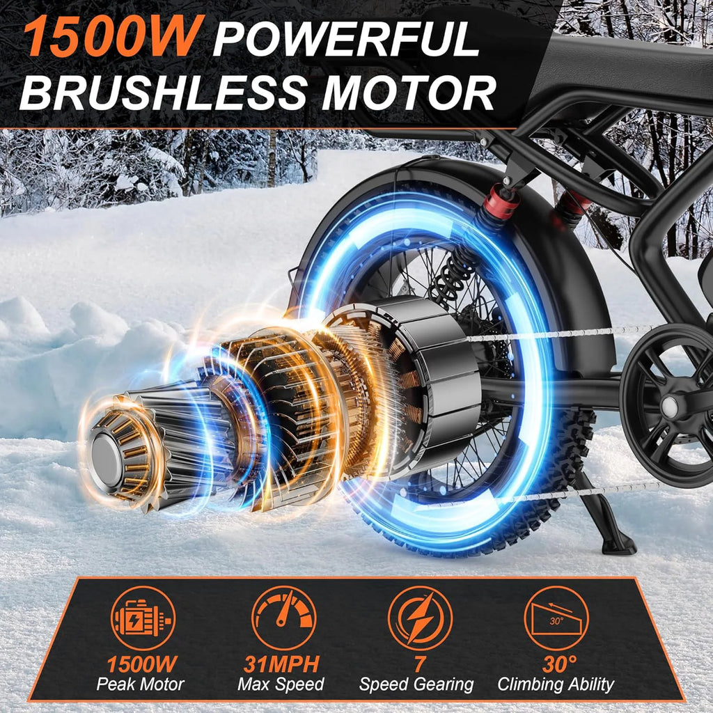 AOVOPRO AOVOWHEEL AP20(AW2PRO) Electric Bike 1500W 20" Fat Tire 31mph Top Speed 70 Miles Range for Road Sand Mountain Snow Electric Motorcycle