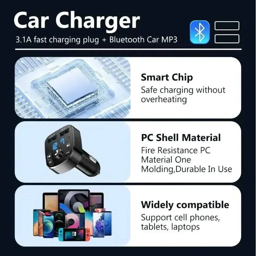 XIKCU LED MP3 Car Bluetooth FM Hands-Free Bluetooth-compaitable 5.0 Transmitter 3.1A QC3.0 PD Type C Dual USB Car Charger