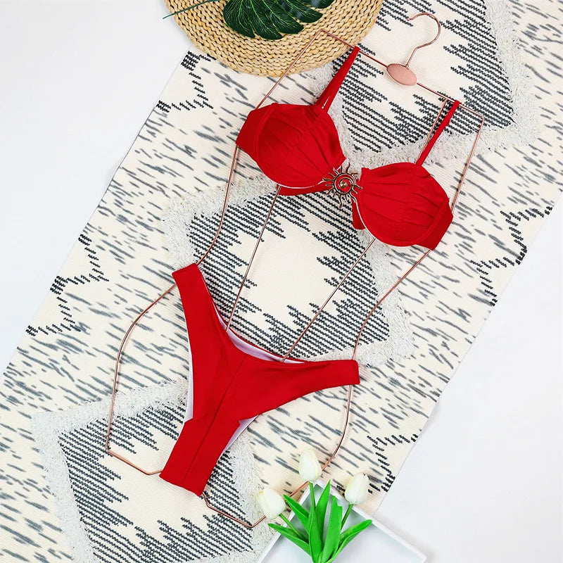 2025 new solid color steel support gathering bikini women's split swimsuit women's two-piece swimsuit