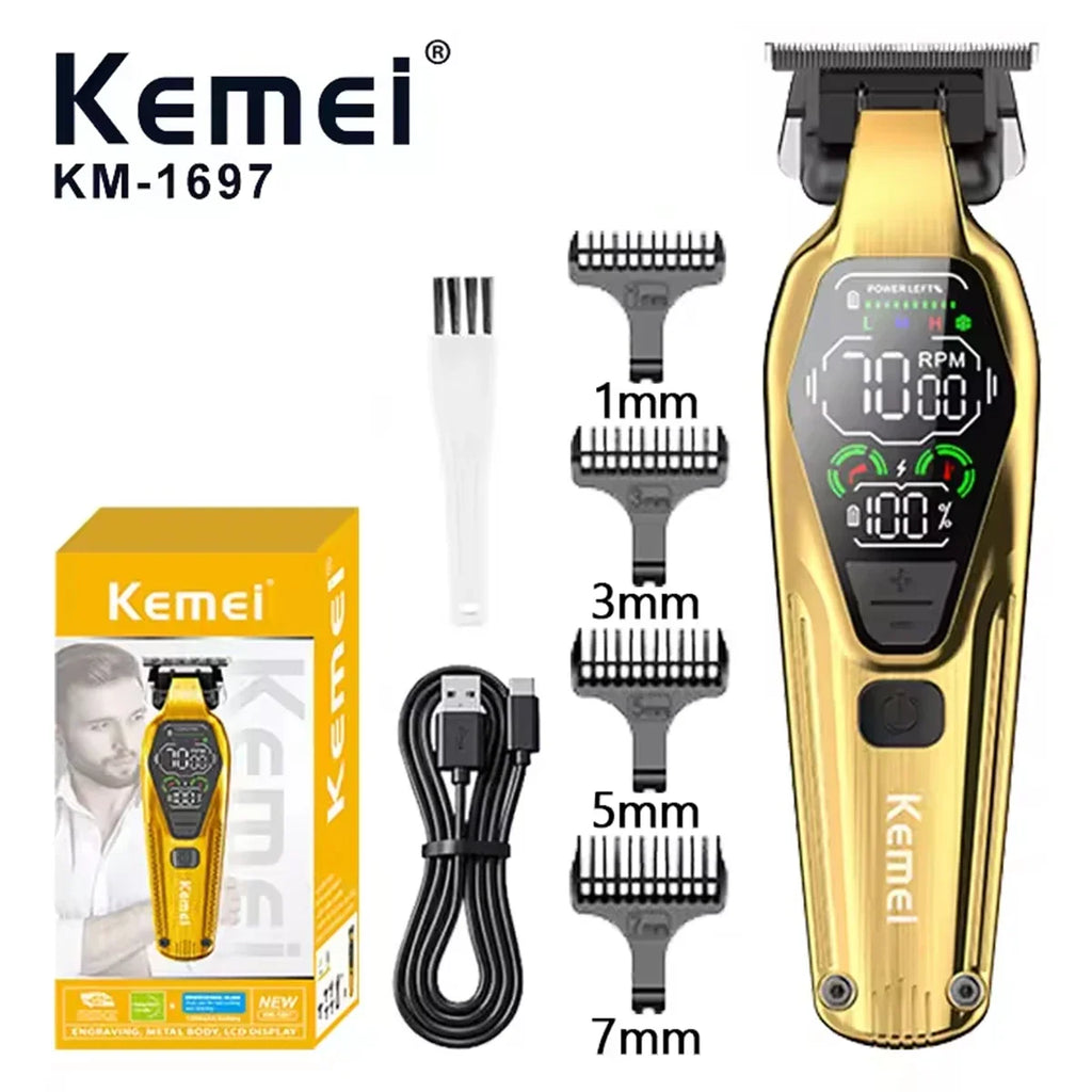 Kemei KM1697 Hair Trimmer for Men 9000RPM 9W Full Metal DLC Blade LED Display Zero Gapped Professional Trimmer Finishing Machine
