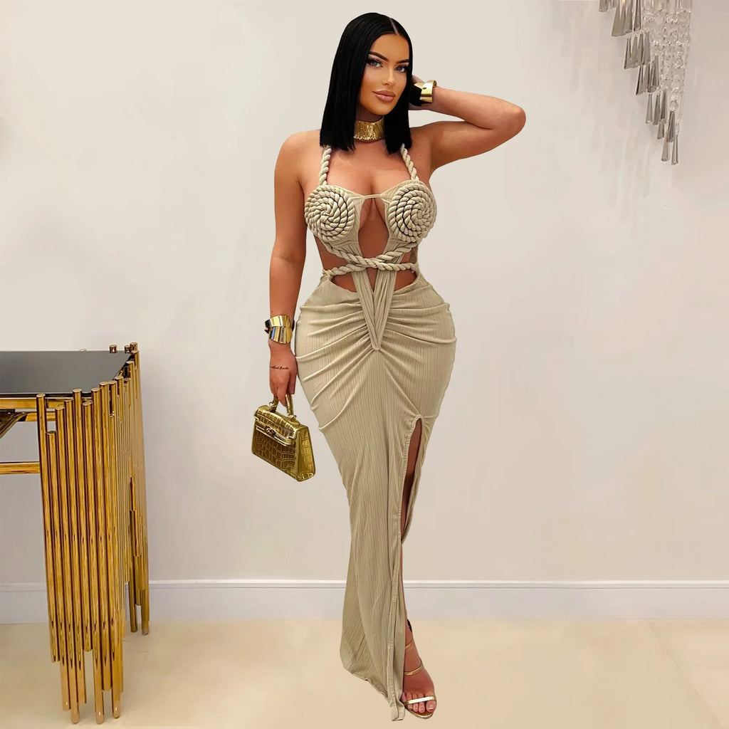 Joskaa Women Summer Knit Halter Long Dress Sexy Hollow Backless Slit Bodycon Maxi Dresses Holiday Party Club Beachwear S-XXL