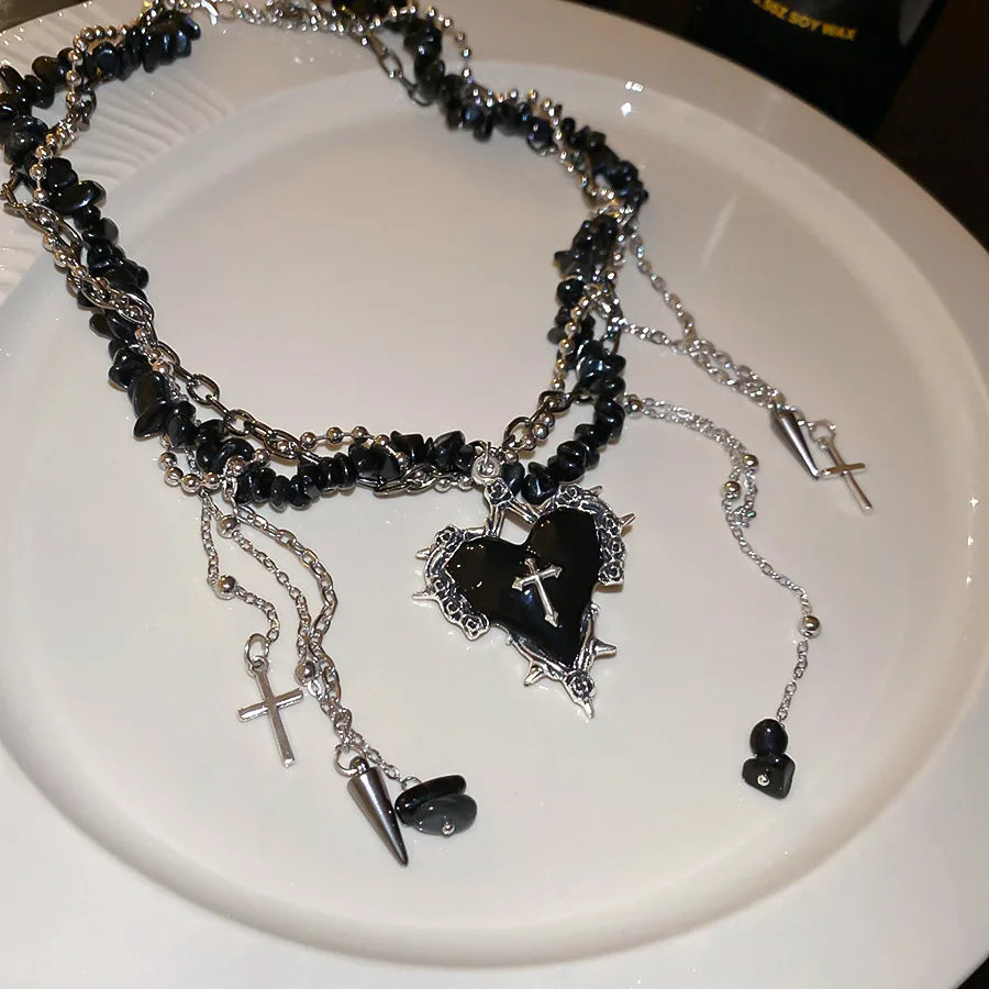 Goth Vintage Y2K Dark Red Heart Cross Pendant Irregular Stone Bead Choker Necklace Women Punk Halloween Grunge EMO Accessories