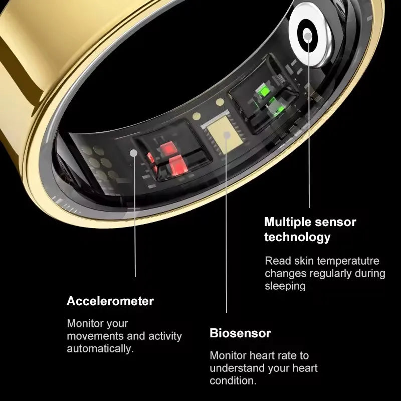 Slim Ring Mans Vroue met Laaikas, Hartklop Bloedsuurstof, Vel Temperatuur Monitor, 5ATM Waterdig vir Android iOS