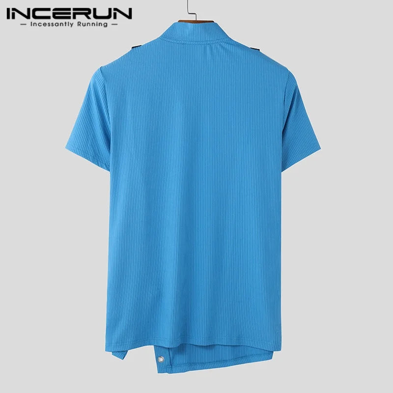 Men T Shirt Patchwork V Neck Short Sleeve Streetwear Zipper Split Men Clothing Summer 2025 Fashion Camisetas Tee Tops INCERUN