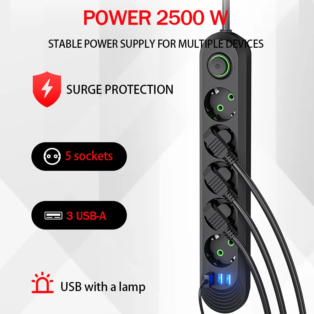EU Plug AC Outlet Multiprise Power Strip 2m Extension Cord Electrical Socket Network Filter With USB Ports 2.1A Fast Charging
