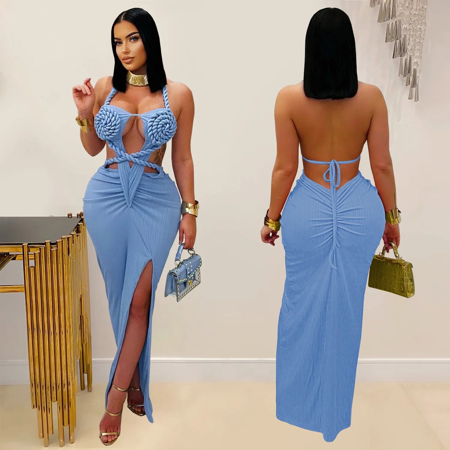 Joskaa Women Summer Knit Halter Long Dress Sexy Hollow Backless Slit Bodycon Maxi Dresses Holiday Party Club Beachwear S-XXL