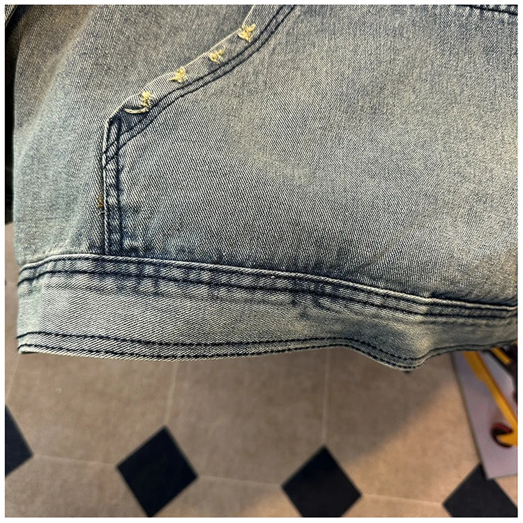 Men's Autumn New Hoodies&Sweatshirts Letter Patchwork Denim Pullover Tops American Fashion Streetwear Ripped Hooded Jackets