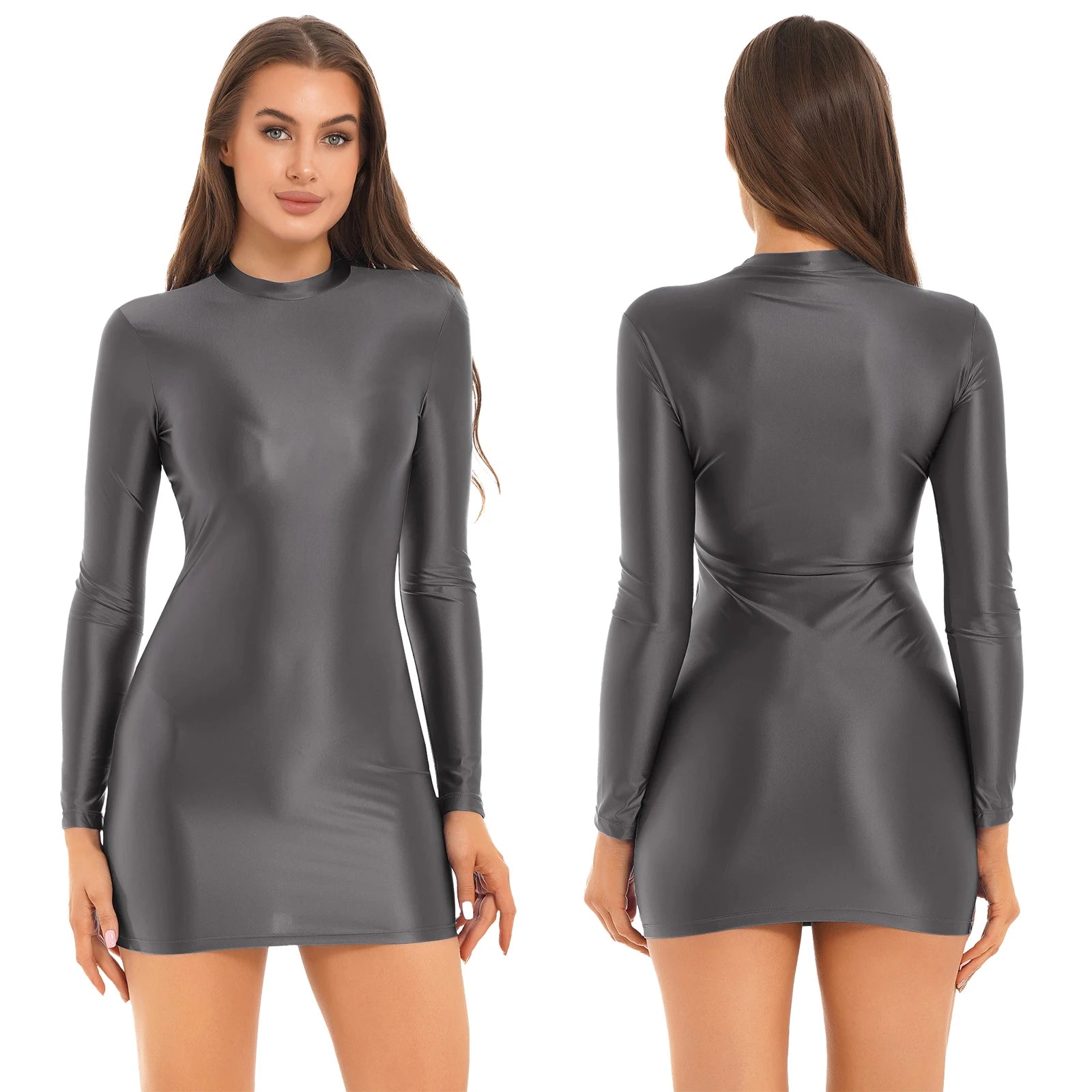 Women Glossy Bodycon Dress Long Sleeve Oil Shiny Smooth Mini Pencil Dress Stretchy Mock Neck Tight  Party Dresses Dance Clubwear